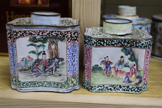 Two Chinese enamel tea caddies and three porcelain caddies largest 11cm